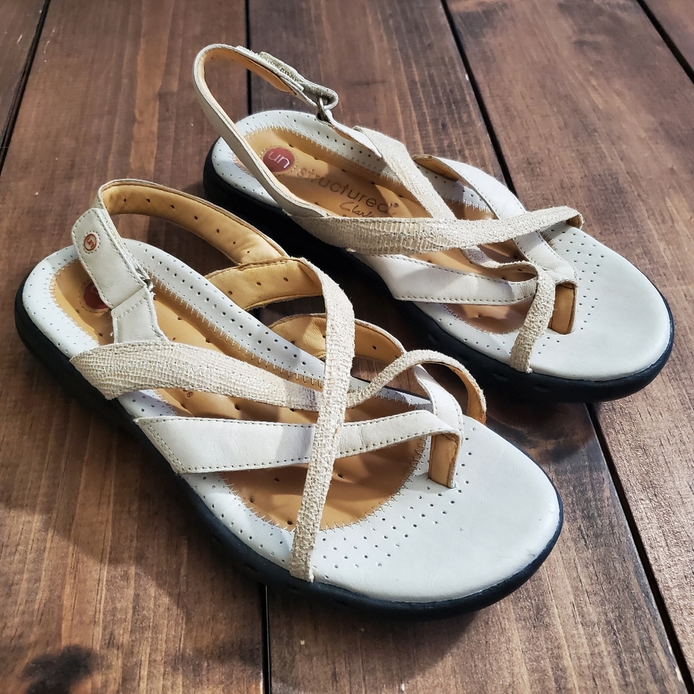 LAST CHANCE! 6M Clarks Unstructured Leather Sandals Cream Beige Tan VelcroStraps